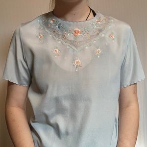Vintage 80s Embroidered Detailed Floral Pastel Blue Silky Blouse